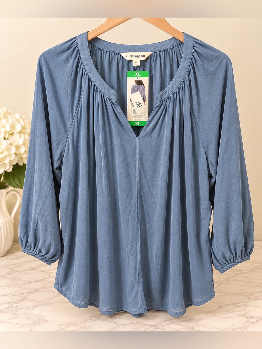 Lucky Brand Delft Blue Split Neck Blouse XL NWT